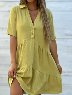 Clearance Women's Mini Dress Linen-Inspired Dresses Shirt Dress Casual Dress Cotton Linen Dress Stylish Casual Vacation Daily Date Regular Fit Plain Short Sleeve Lapel Yellow Pink Red Summer Women Dresses