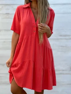 Clearance Women's Mini Dress Linen-Inspired Dresses Shirt Dress Casual Dress Cotton Linen Dress Stylish Casual Vacation Daily Date Regular Fit Plain Short Sleeve Lapel Yellow Pink Red Summer Women Dresses
