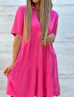 Clearance Women's Mini Dress Linen-Inspired Dresses Shirt Dress Casual Dress Cotton Linen Dress Stylish Casual Vacation Daily Date Regular Fit Plain Short Sleeve Lapel Yellow Pink Red Summer Women Dresses
