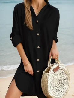 Clearance Women's Mini Dress Linen-Inspired Dresses White Dress Shirt Dress Casual Holiday Beach Regular Fit Plain Long Sleeve Lapel Black White Pink Blue Summer Fall Women Dresses