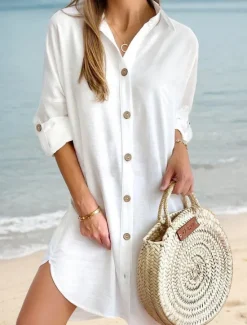Clearance Women's Mini Dress Linen-Inspired Dresses White Dress Shirt Dress Casual Holiday Beach Regular Fit Plain Long Sleeve Lapel Black White Pink Blue Summer Fall Women Dresses