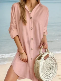 Clearance Women's Mini Dress Linen-Inspired Dresses White Dress Shirt Dress Casual Holiday Beach Regular Fit Plain Long Sleeve Lapel Black White Pink Blue Summer Fall Women Dresses