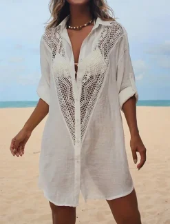 Women's Mini Dress Linen-Inspired Dresses White Dress Shirt Dress Cover Up Hawaiian Vacation Holiday Beach Loose Fit Long Sleeve Shirt Collar Black White Summer Women Dresses|White Dresses