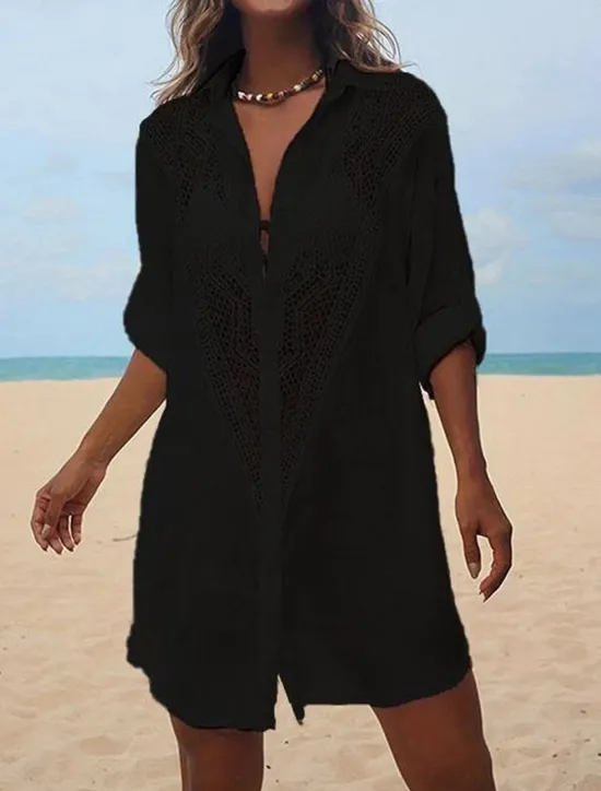 Women's Mini Dress Linen-Inspired Dresses White Dress Shirt Dress Cover Up Hawaiian Vacation Holiday Beach Loose Fit Long Sleeve Shirt Collar Black White Summer Women Dresses|White Dresses