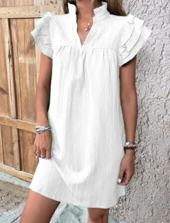 Women's Mini Dress Linen-Inspired Dresses White Dress Casual Dress Tank Dress Streetwear Casual Vacation Street Holiday Regular Fit Short Sleeve Split Neck Black White Red Green Summer Women Dresses|White Dresses