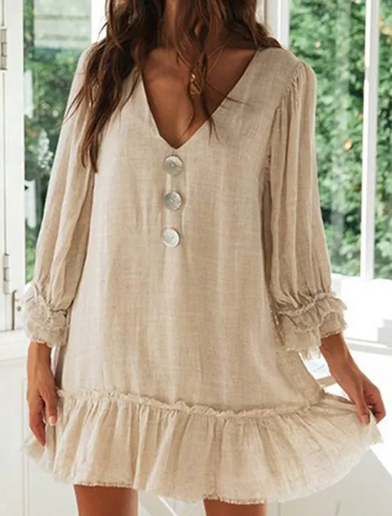 Discount Women's Mini Dress Linen-Inspired Dresses Casual Dress Cotton Linen Dress Stylish Casual Vacation Daily Date Regular Fit Plain Long Sleeve V Neck Black Beige Light Blue Summer Spring Women Dresses