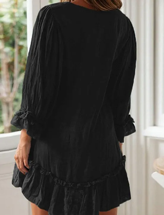 Discount Women's Mini Dress Linen-Inspired Dresses Casual Dress Cotton Linen Dress Stylish Casual Vacation Daily Date Regular Fit Plain Long Sleeve V Neck Black Beige Light Blue Summer Spring Women Dresses