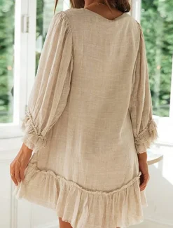 Discount Women's Mini Dress Linen-Inspired Dresses Casual Dress Cotton Linen Dress Stylish Casual Vacation Daily Date Regular Fit Plain Long Sleeve V Neck Black Beige Light Blue Summer Spring Women Dresses