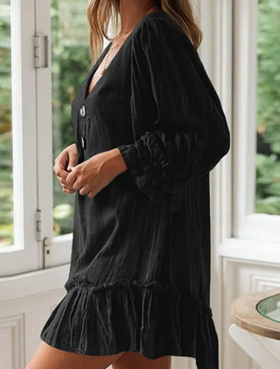 Discount Women's Mini Dress Linen-Inspired Dresses Casual Dress Cotton Linen Dress Stylish Casual Vacation Daily Date Regular Fit Plain Long Sleeve V Neck Black Beige Light Blue Summer Spring Women Dresses