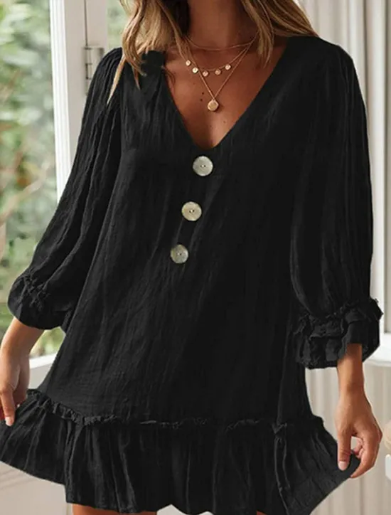 Discount Women's Mini Dress Linen-Inspired Dresses Casual Dress Cotton Linen Dress Stylish Casual Vacation Daily Date Regular Fit Plain Long Sleeve V Neck Black Beige Light Blue Summer Spring Women Dresses