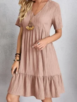 Sale Women's Mini Dress Linen-Inspired Dresses Casual Dress Plain Dress Casual Sports & Outdoor Street Regular Fit Plain Short Sleeve Cowl Neck V Neck Pink Green Summer Spring Women Dresses