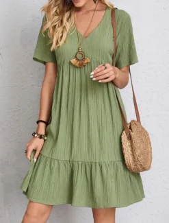 Sale Women's Mini Dress Linen-Inspired Dresses Casual Dress Plain Dress Casual Sports & Outdoor Street Regular Fit Plain Short Sleeve Cowl Neck V Neck Pink Green Summer Spring Women Dresses