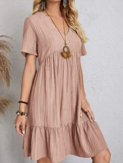 Sale Women's Mini Dress Linen-Inspired Dresses Casual Dress Plain Dress Casual Sports & Outdoor Street Regular Fit Plain Short Sleeve Cowl Neck V Neck Pink Green Summer Spring Women Dresses