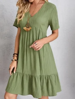 Sale Women's Mini Dress Linen-Inspired Dresses Casual Dress Plain Dress Casual Sports & Outdoor Street Regular Fit Plain Short Sleeve Cowl Neck V Neck Pink Green Summer Spring Women Dresses