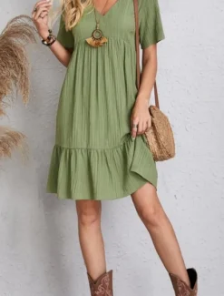 Sale Women's Mini Dress Linen-Inspired Dresses Casual Dress Plain Dress Casual Sports & Outdoor Street Regular Fit Plain Short Sleeve Cowl Neck V Neck Pink Green Summer Spring Women Dresses