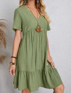 Sale Women's Mini Dress Linen-Inspired Dresses Casual Dress Plain Dress Casual Sports & Outdoor Street Regular Fit Plain Short Sleeve Cowl Neck V Neck Pink Green Summer Spring Women Dresses