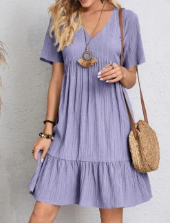 New Women's Mini Dress Linen-Inspired Dresses Casual Dress Summer Dress Plain Dress Streetwear Basic Vacation Street Date Loose Fit Short Sleeve V Neck Black Red Purple Brown Summer Women Dresses