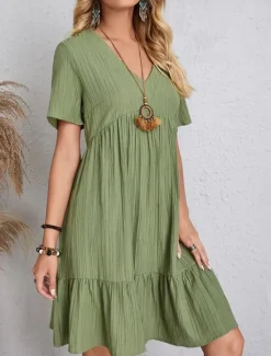 New Women's Mini Dress Linen-Inspired Dresses Casual Dress Summer Dress Plain Dress Streetwear Basic Vacation Street Date Loose Fit Short Sleeve V Neck Black Red Purple Brown Summer Women Dresses