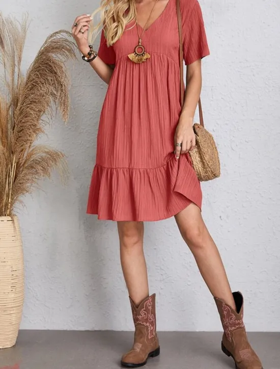 New Women's Mini Dress Linen-Inspired Dresses Casual Dress Summer Dress Plain Dress Streetwear Basic Vacation Street Date Loose Fit Short Sleeve V Neck Black Red Purple Brown Summer Women Dresses