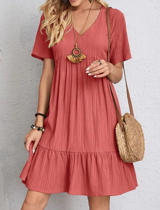New Women's Mini Dress Linen-Inspired Dresses Casual Dress Summer Dress Plain Dress Streetwear Basic Vacation Street Date Loose Fit Short Sleeve V Neck Black Red Purple Brown Summer Women Dresses