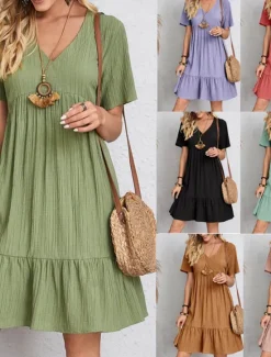New Women's Mini Dress Linen-Inspired Dresses Casual Dress Summer Dress Plain Dress Streetwear Basic Vacation Street Date Loose Fit Short Sleeve V Neck Black Red Purple Brown Summer Women Dresses