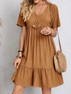 New Women's Mini Dress Linen-Inspired Dresses Casual Dress Summer Dress Plain Dress Streetwear Basic Vacation Street Date Loose Fit Short Sleeve V Neck Black Red Purple Brown Summer Women Dresses
