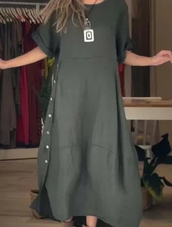 Best Women's Mini Dress Linen-Inspired Dresses Casual Dress Plain Dress Cotton Maxi Dress Casual Sports & Outdoor Street Regular Fit Plain Short Sleeve Crew Neck Green Apricot Gray Summer Spring Fall Women Dresses