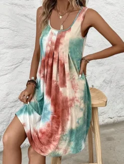Discount Women's Mini Dress Petite Dress T Shirt Dress Tee Dress Shift Dress Tank Dress Streetwear Stylish Boho Vacation Casual Beach Regular Fit Tie Dye Sleeveless U Neck Pink Blue Purple Green Women Sundresses