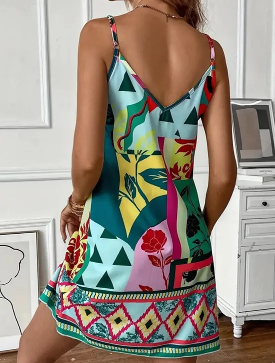 Sale Women's Mini Dress Petite Dress Summer Dress Boho Dress Cami Dress Stylish Boho Vacation Daily Date Regular Fit Geometric Color Block Sleeveless V Neck Purple Orange Green Summer Women Spring Dresses|Floral Dresses