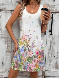 Outlet Women's Mini Dress Petite Dress Sundress Tank Dress Summer Dress Cute Casual Vacation Daily Holiday Loose Fit Floral Sleeveless Crew Neck Summer Women Sundresses
