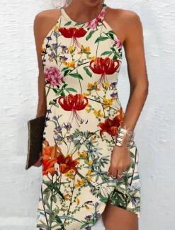 Best Women's Mini Dress Petite Dress Sundress Summer Dress Halter Neck Dress Active Fashion Streetwear Outdoor Vacation Daily Regular Fit Ombre Floral Leaf Sleeveless Halter Neck White Red Women Spring Dresses|Sundresses