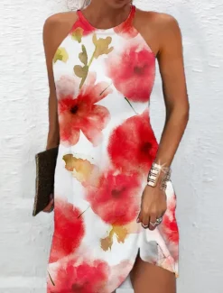 Best Women's Mini Dress Petite Dress Sundress Summer Dress Halter Neck Dress Active Fashion Streetwear Outdoor Vacation Daily Regular Fit Ombre Floral Leaf Sleeveless Halter Neck White Red Women Spring Dresses|Sundresses