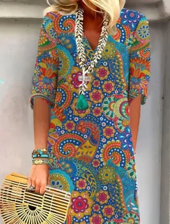 Outlet Women's Mini Dress Petite Dress T Shirt Dress Tee Dress Shift Dress Summer Dress Bohemia Vintage Boho Vacation Casual Daily Regular Fit Oil Painting Half Sleeve V Neck Royal Blue Blue Women Spring Dresses|T Shirt Dresses