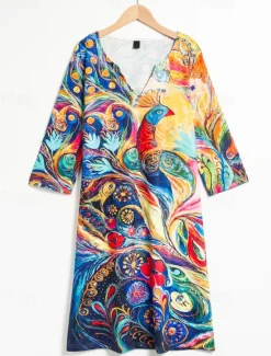 Outlet Women's Mini Dress Petite Dress T Shirt Dress Tee Dress Shift Dress Summer Dress Bohemia Vintage Boho Vacation Casual Daily Regular Fit Oil Painting Half Sleeve V Neck Royal Blue Blue Women Spring Dresses|T Shirt Dresses