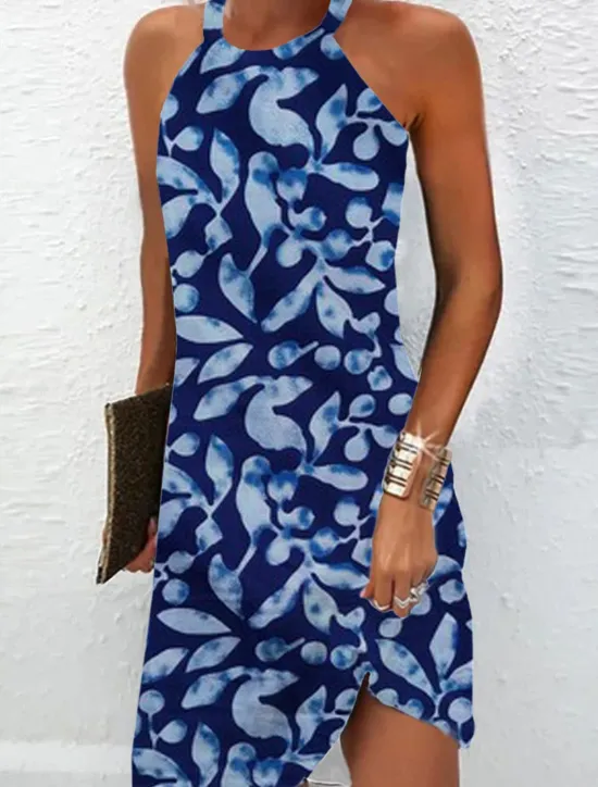 Online Women's Mini Dress Petite Dress Sundress Summer Dress Slip Dress Active Fashion Streetwear Outdoor Vacation Daily Regular Fit Ombre Floral Marble Sleeveless Halter Neck Navy Blue Blue Women Spring Dresses|Sundresses