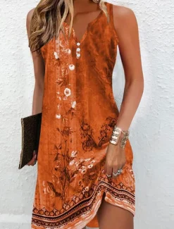 Sale Women's Mini Dress Petite Dress T Shirt Dress Tee Dress Sundress A Line Dress Active Fashion Streetwear Outdoor Vacation Street Loose Fit Floral Sleeveless V Neck Orange Green Dark Gray Women T Shirt Dresses