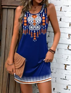 New Women's Mini Dress Petite Dress Sundress Tank Dress Summer Dress Boho Vacation Daily Holiday Regular Fit Geometric Sleeveless Crew Neck Summer Women T Shirt Dresses