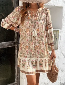 Hot Women's Mini Dress Petite Dress Casual Dress A Line Dress Boho Dress Bohemia Vintage Stylish Vacation Daily Loose Fit Floral 3/4 Length Sleeve V Neck Pink Blue Summer Spring Fall Women Spring Dresses