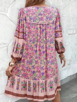 Hot Women's Mini Dress Petite Dress Casual Dress A Line Dress Boho Dress Bohemia Vintage Stylish Vacation Daily Loose Fit Floral 3/4 Length Sleeve V Neck Pink Blue Summer Spring Fall Women Spring Dresses