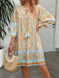 Hot Women's Mini Dress Petite Dress Casual Dress A Line Dress Boho Dress Bohemia Vintage Stylish Vacation Daily Loose Fit Floral 3/4 Length Sleeve V Neck Pink Blue Summer Spring Fall Women Spring Dresses