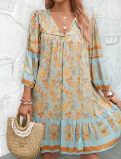 Hot Women's Mini Dress Petite Dress Casual Dress A Line Dress Boho Dress Bohemia Vintage Stylish Vacation Daily Loose Fit Floral 3/4 Length Sleeve V Neck Pink Blue Summer Spring Fall Women Spring Dresses
