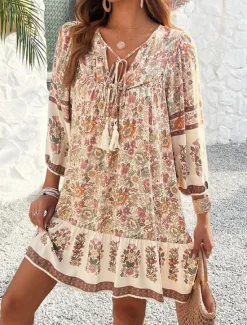 Hot Women's Mini Dress Petite Dress Casual Dress A Line Dress Boho Dress Bohemia Vintage Stylish Vacation Daily Loose Fit Floral 3/4 Length Sleeve V Neck Pink Blue Summer Spring Fall Women Spring Dresses