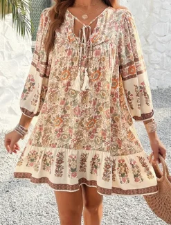 Hot Women's Mini Dress Petite Dress Casual Dress A Line Dress Boho Dress Bohemia Vintage Stylish Vacation Daily Loose Fit Floral 3/4 Length Sleeve V Neck Pink Blue Summer Spring Fall Women Spring Dresses