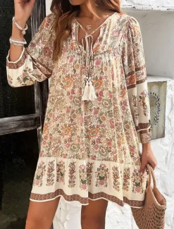 Hot Women's Mini Dress Petite Dress Casual Dress A Line Dress Boho Dress Bohemia Vintage Stylish Vacation Daily Loose Fit Floral 3/4 Length Sleeve V Neck Pink Blue Summer Spring Fall Women Spring Dresses