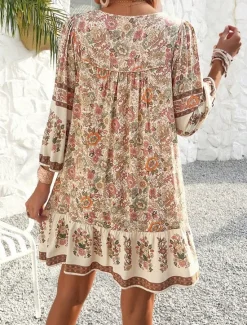 Hot Women's Mini Dress Petite Dress Casual Dress A Line Dress Boho Dress Bohemia Vintage Stylish Vacation Daily Loose Fit Floral 3/4 Length Sleeve V Neck Pink Blue Summer Spring Fall Women Spring Dresses