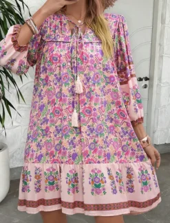 Hot Women's Mini Dress Petite Dress Casual Dress A Line Dress Boho Dress Bohemia Vintage Stylish Vacation Daily Loose Fit Floral 3/4 Length Sleeve V Neck Pink Blue Summer Spring Fall Women Spring Dresses