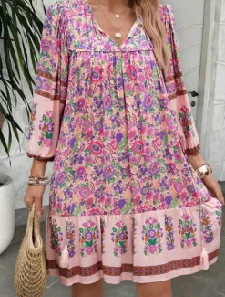 Hot Women's Mini Dress Petite Dress Casual Dress A Line Dress Boho Dress Bohemia Vintage Stylish Vacation Daily Loose Fit Floral 3/4 Length Sleeve V Neck Pink Blue Summer Spring Fall Women Spring Dresses
