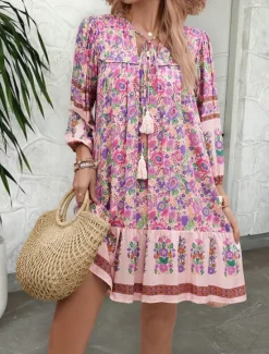 Hot Women's Mini Dress Petite Dress Casual Dress A Line Dress Boho Dress Bohemia Vintage Stylish Vacation Daily Loose Fit Floral 3/4 Length Sleeve V Neck Pink Blue Summer Spring Fall Women Spring Dresses