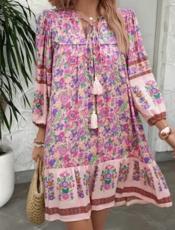 Hot Women's Mini Dress Petite Dress Casual Dress A Line Dress Boho Dress Bohemia Vintage Stylish Vacation Daily Loose Fit Floral 3/4 Length Sleeve V Neck Pink Blue Summer Spring Fall Women Spring Dresses