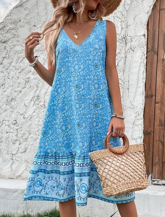 Hot Women's Mini Dress Petite Dress A Line Dress Tank Dress Slip Dress Boho Vacation Party Casual Loose Fit Floral Sleeveless V Neck Pink Navy Blue Blue Green Summer Women Vacation Dresses